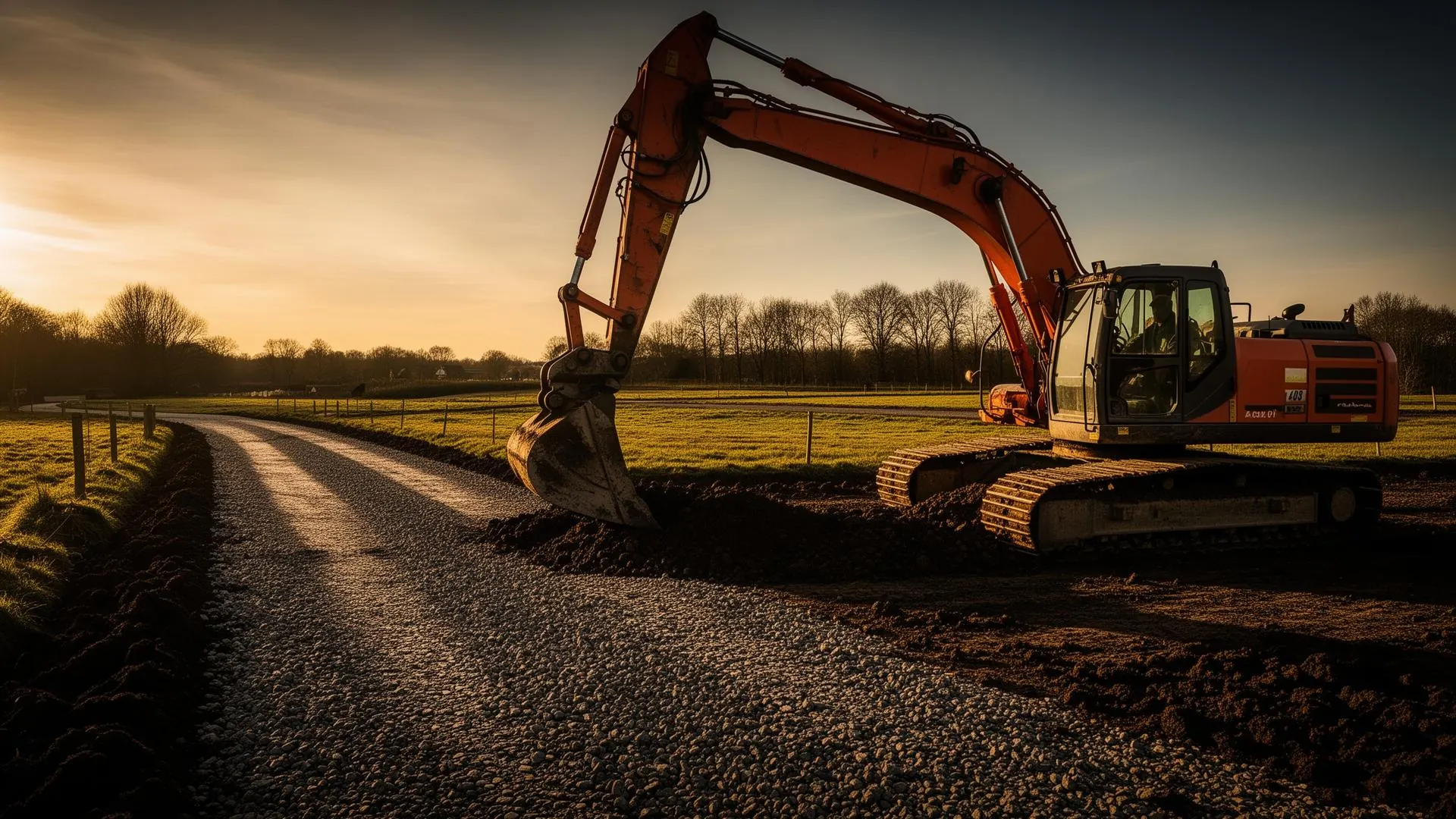 Excavator preparing a gravel driveway at a rural job site