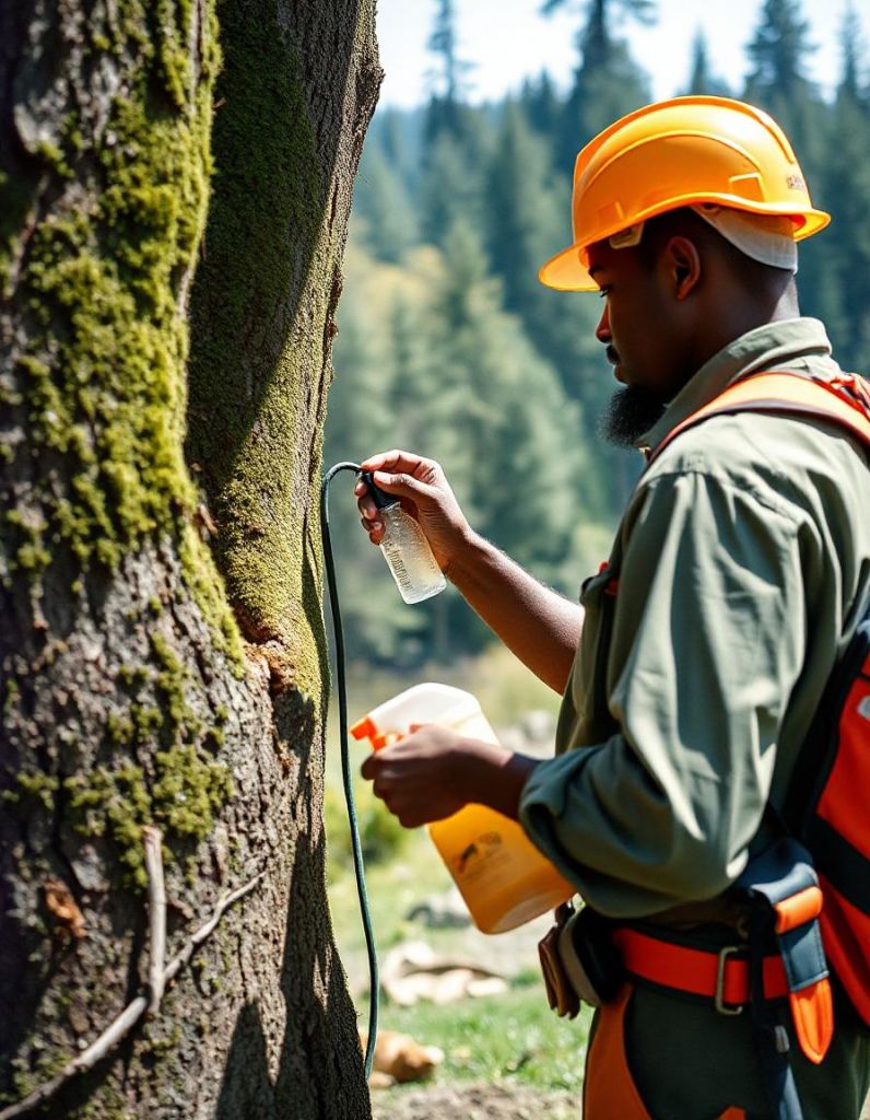 Removing moss from tree limbs with a plastic scraper.